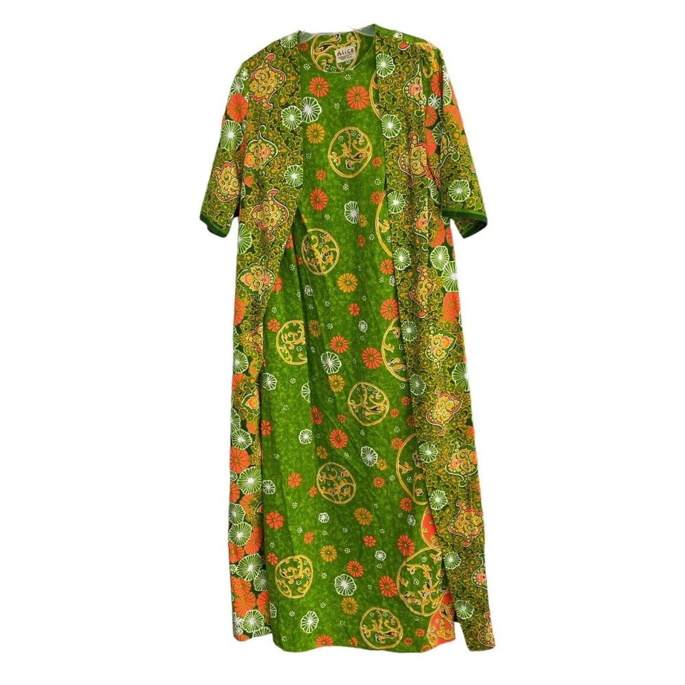 Vintage Alice Polynesian 1960s Hawaiian Floral Green Wrap Dress Muu Muu Women XL